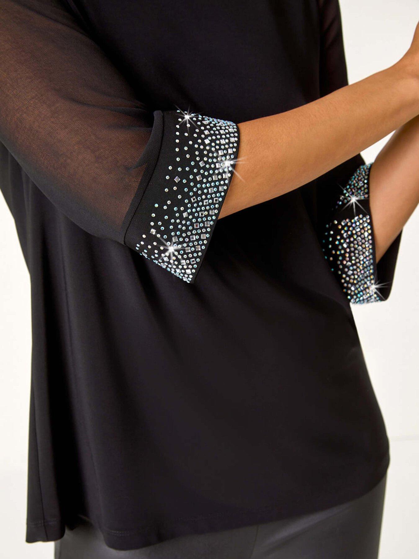 Image 5 of 5 of Roman Sparkle Embellished Cuff Chiffon Top - Black