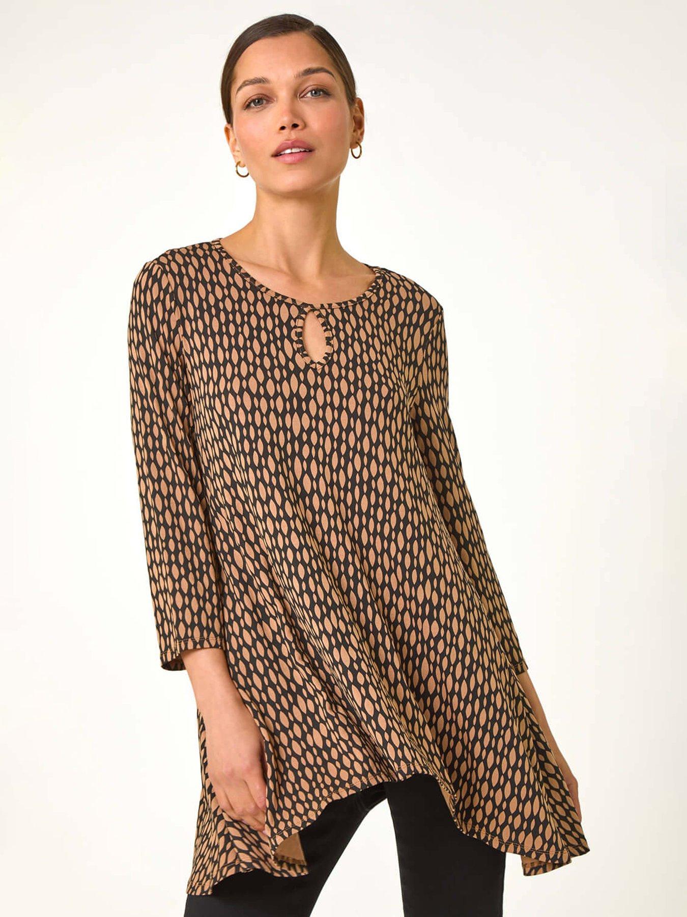 roman-abstract-linear-print-cutout-tunic-top-tan