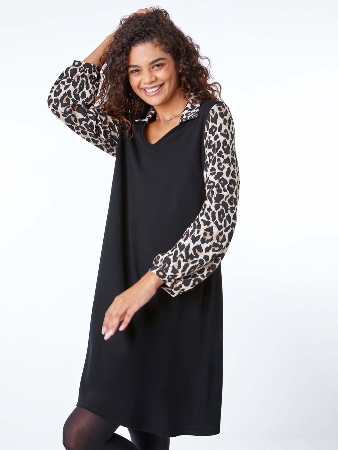 Roman Contrast Leopard Print Swing Dress - Black