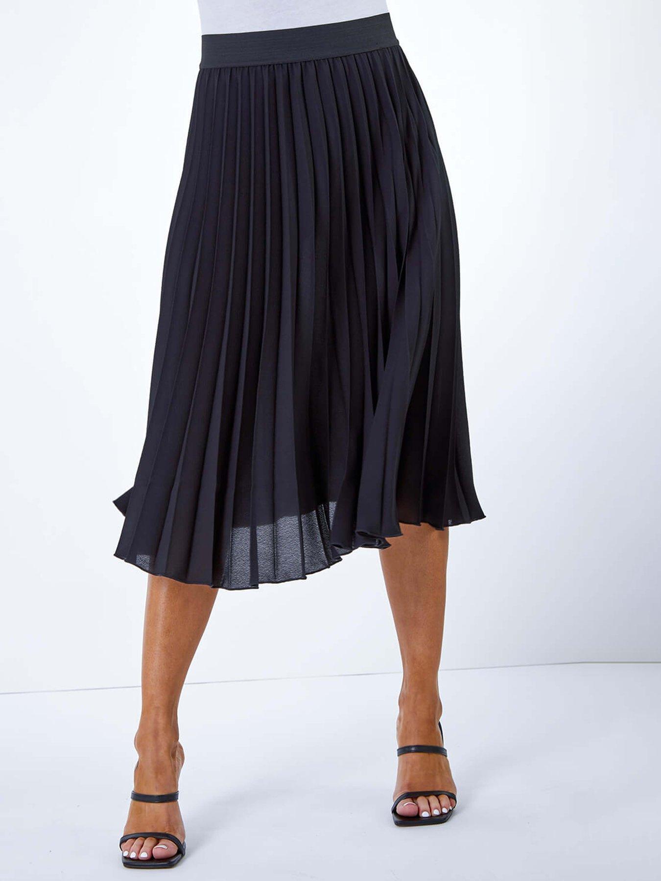 undefined Petite Pleated Elastic Waist Midi Skirt - Black