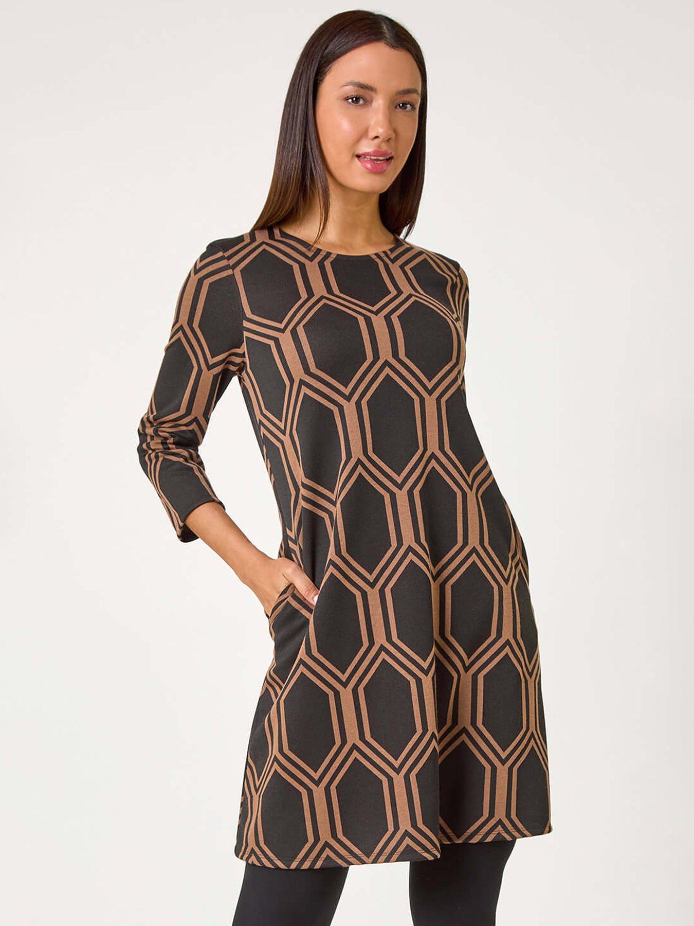 roman-geometric-jacquard-stretch-dress-tan