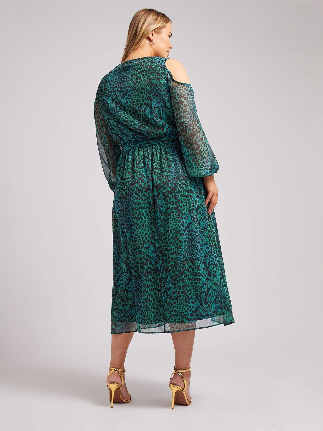 Image 2 of 4 of Yours Curve Animal Cold Shoulder Wrap Dress