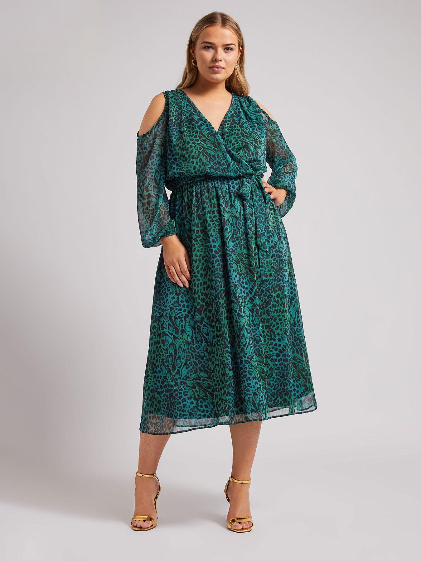 Image 3 of 4 of Yours Curve Animal Cold Shoulder Wrap Dress