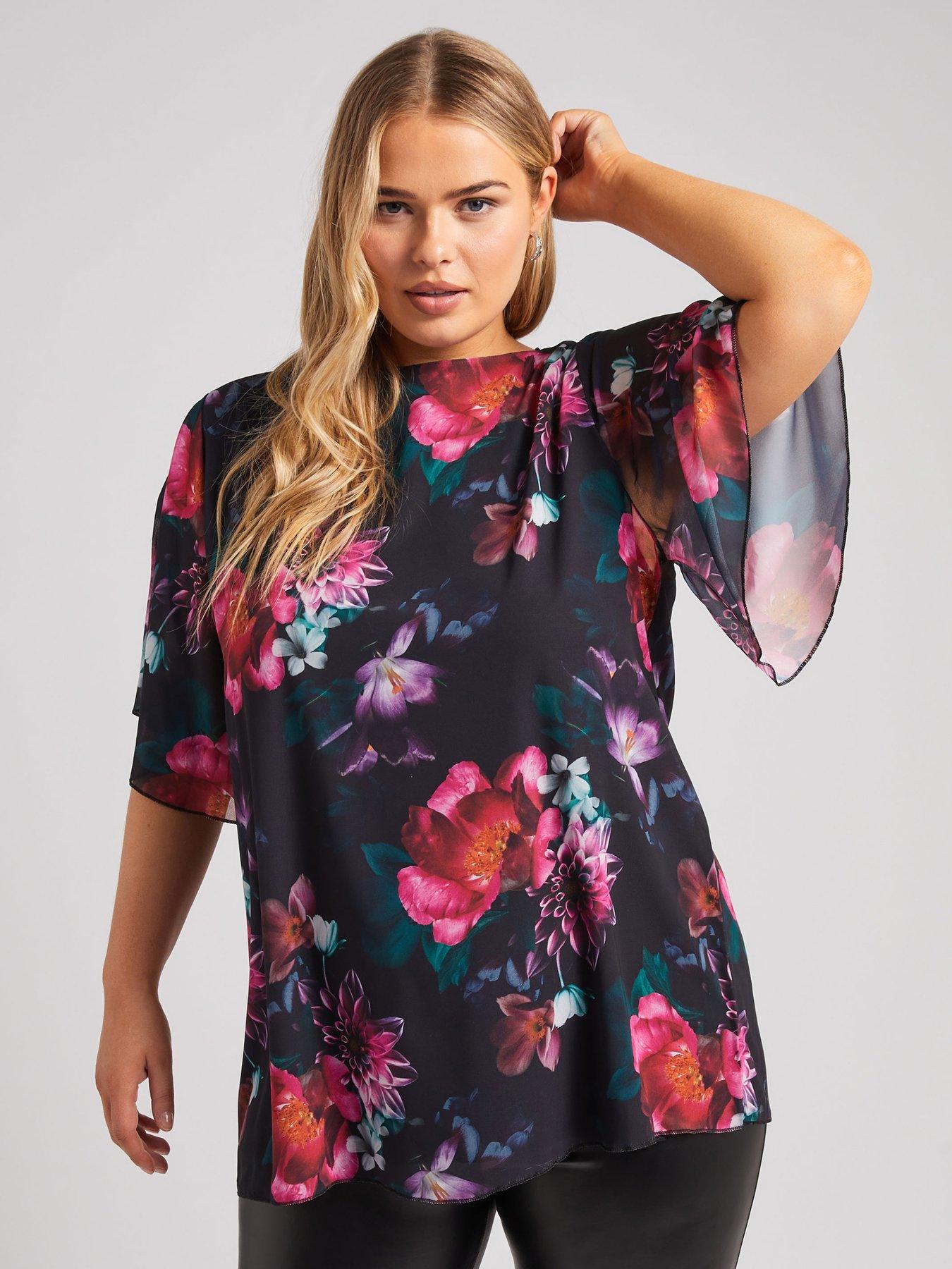  image of yours-curve-floral-flutter-sleeve-blouse-black