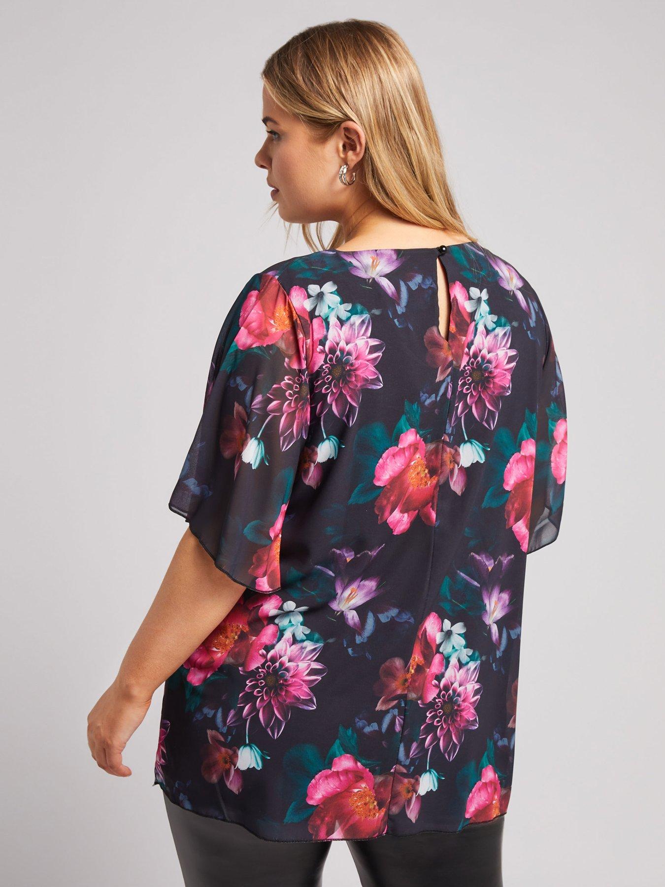  image of yours-curve-floral-flutter-sleeve-blouse-black