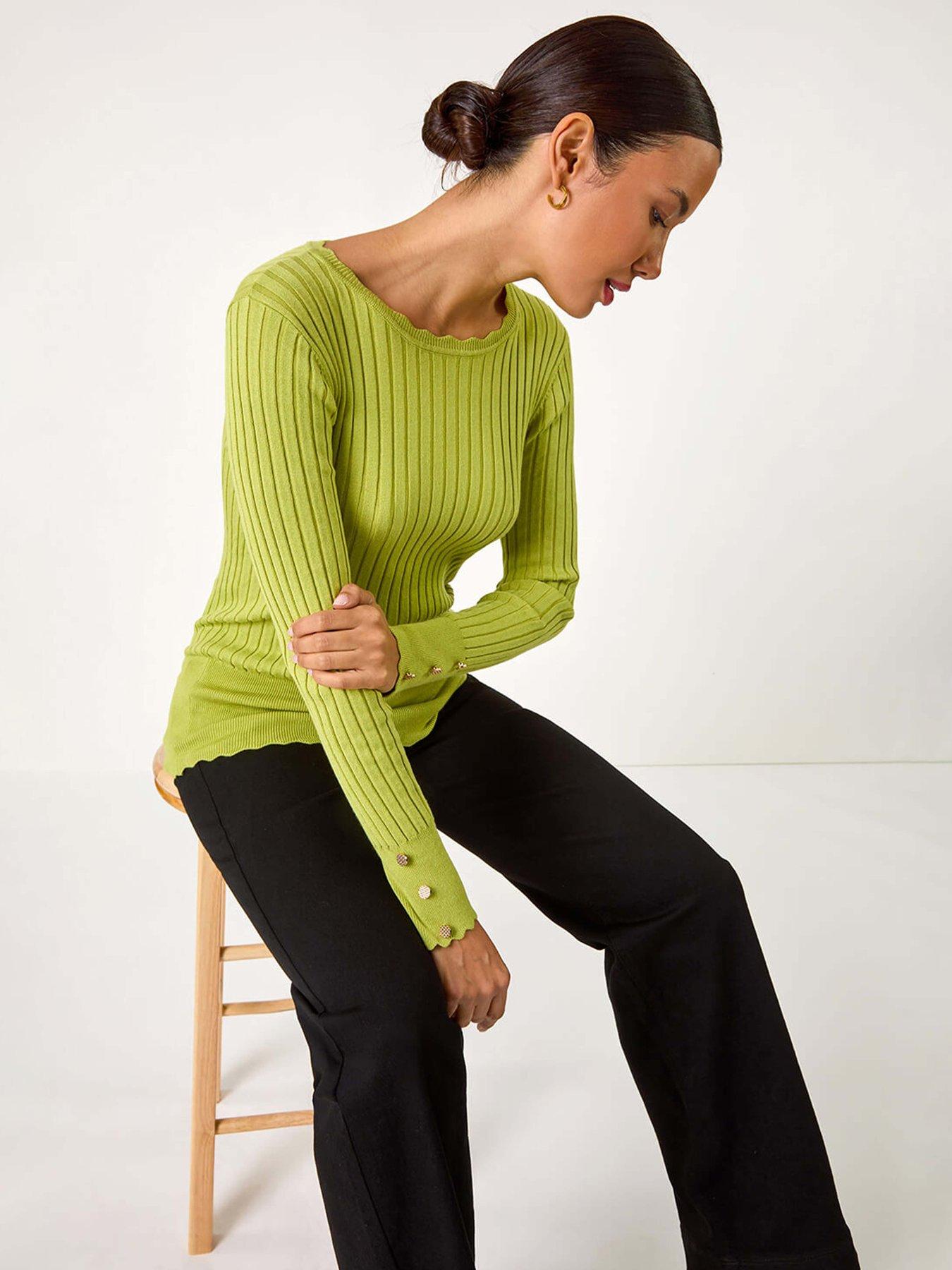  image of roman-button-detail-ribbed-longline-jumper-green