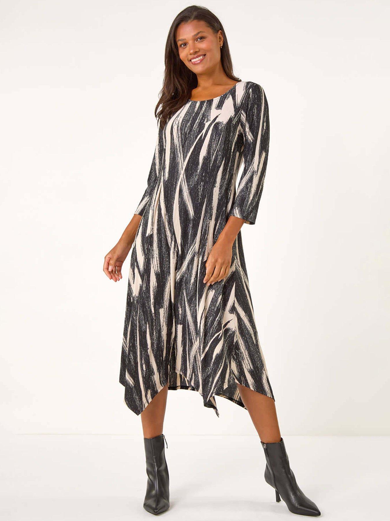 Roman Ribbon Print Hanky Hem Midi Dress - Beige