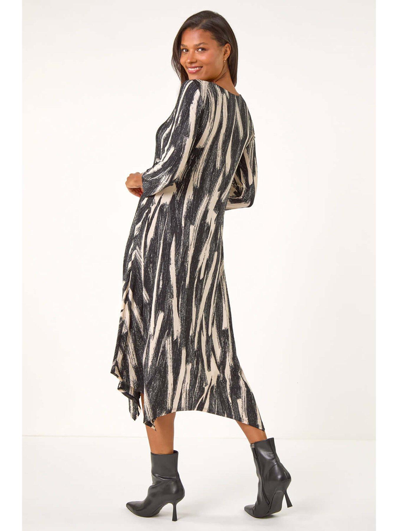  image of roman-ribbon-print-hanky-hem-midi-dress-beige