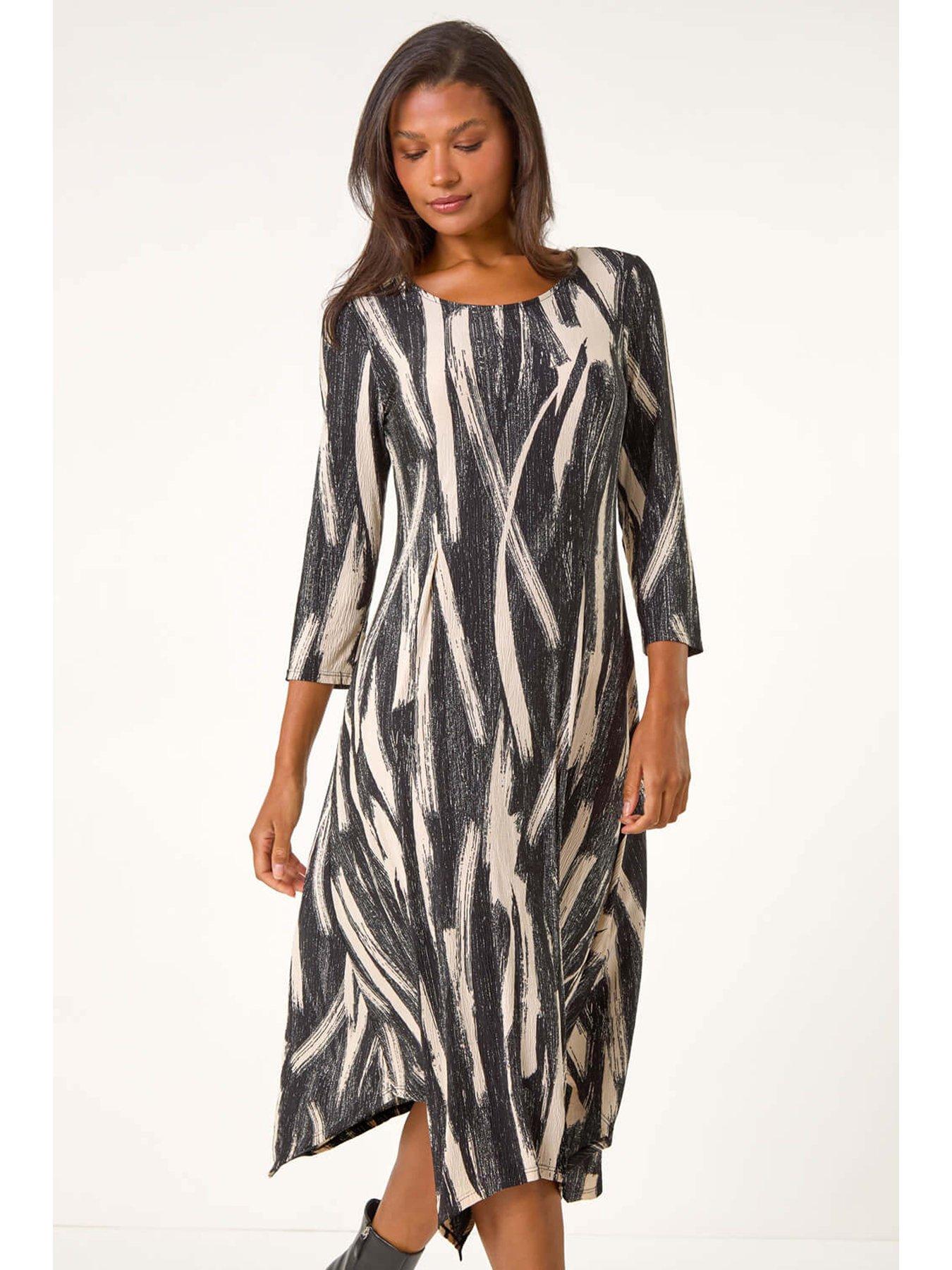  image of roman-ribbon-print-hanky-hem-midi-dress-beige