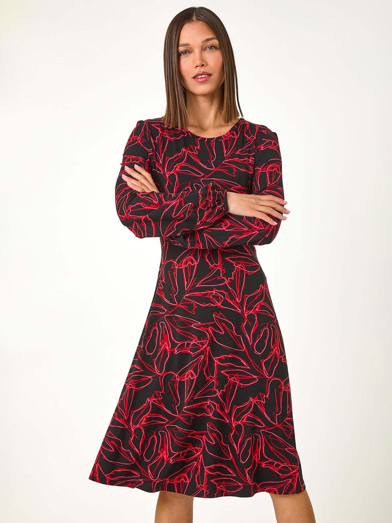 roman-leaf-print-stretch-tea-dress-red