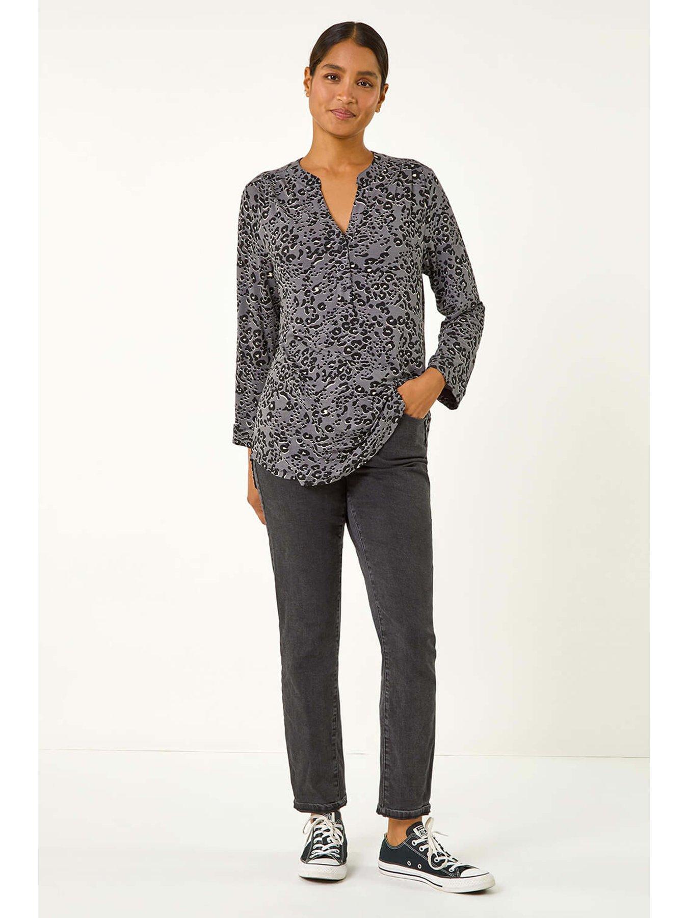 Image 3 of 4 of Roman Animal Print Stretch Blouse - Grey
