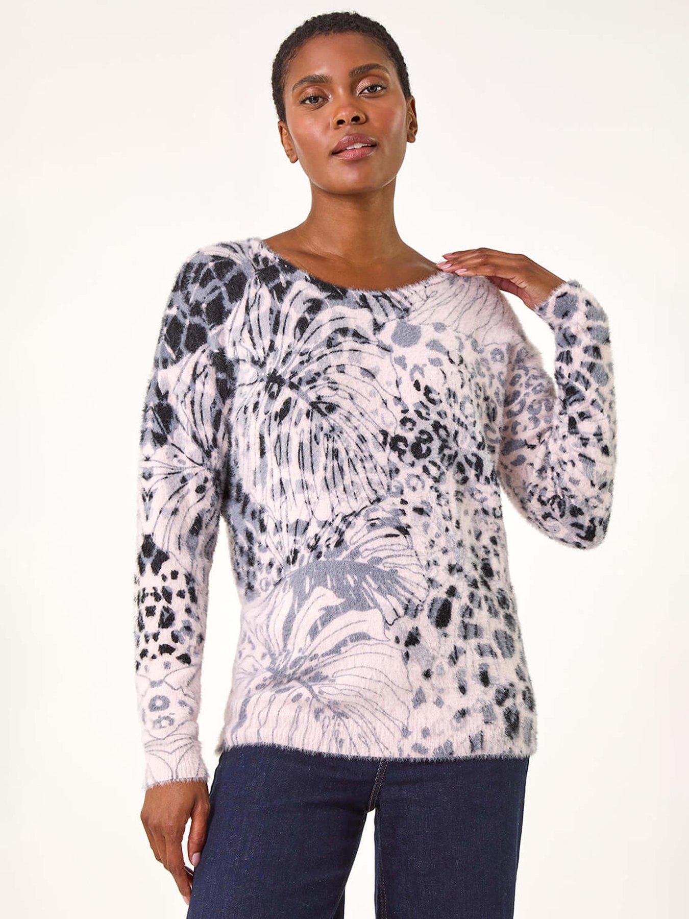 Roman Fluffy Tropical Print Knit Jumper - Light Pink