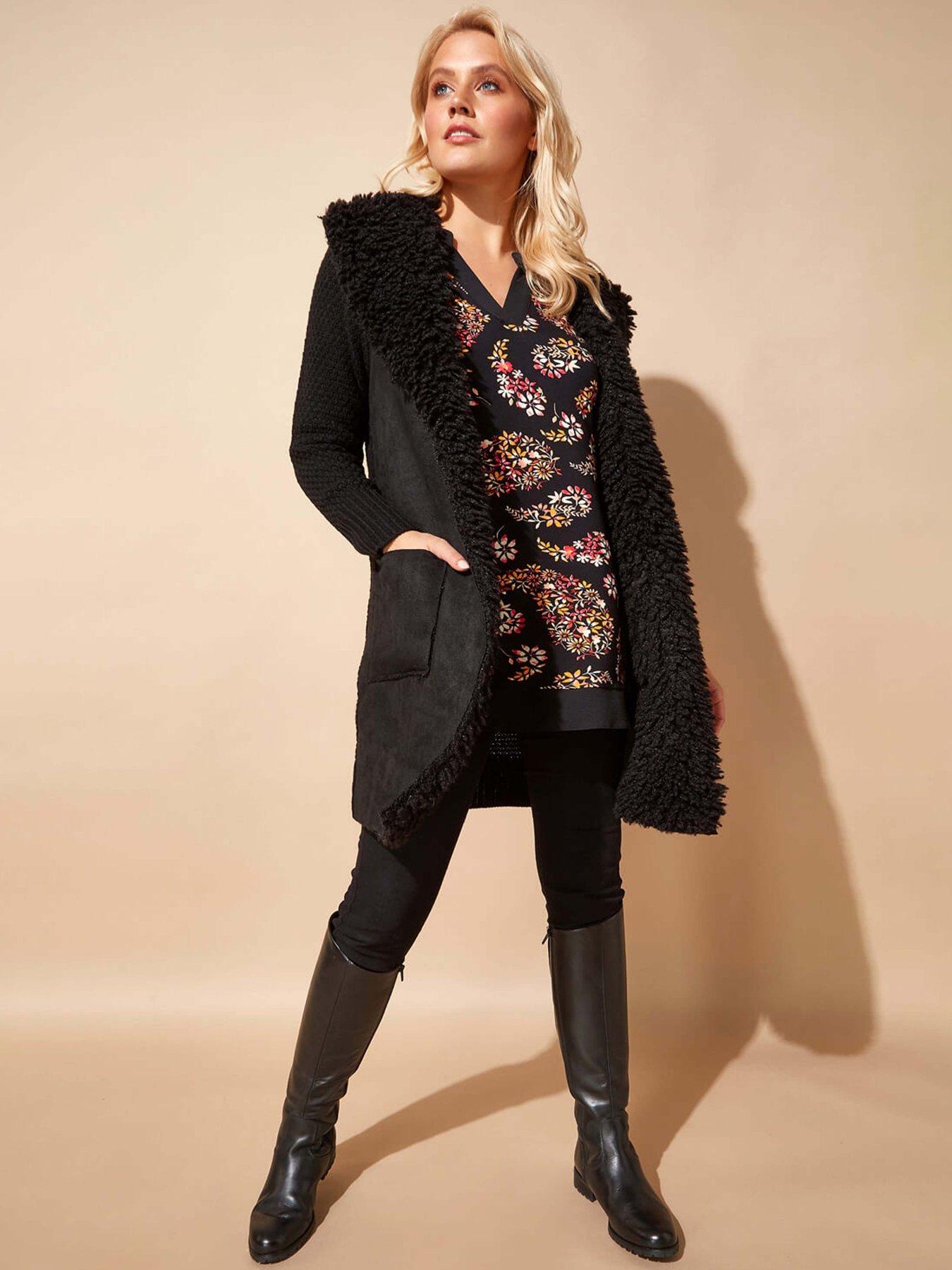 Image 3 of 4 of Roman Longline Faux Shearling Knit Coatigan - Black