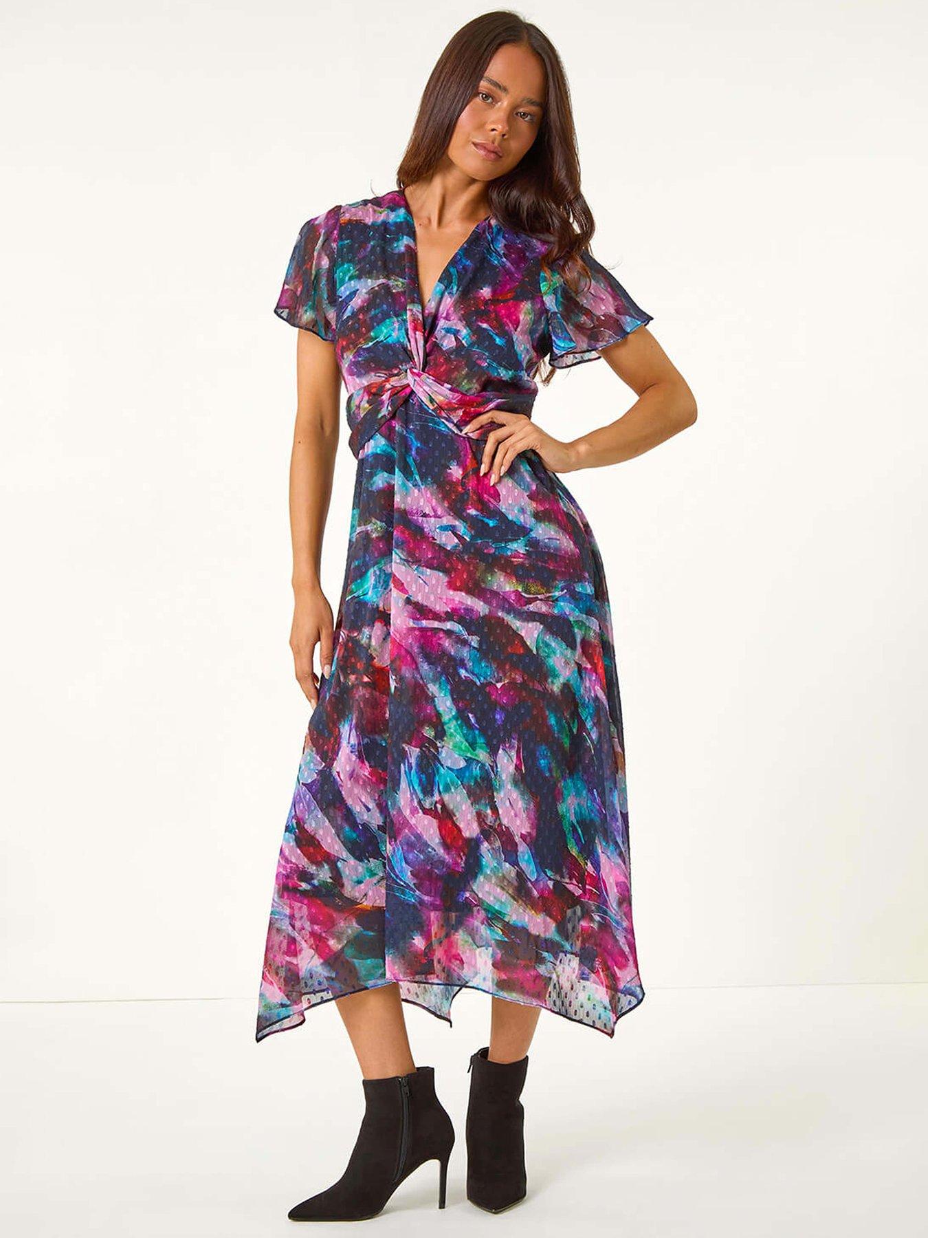 Roman Petite Print Twist Front Dobby Midi Dress - Black