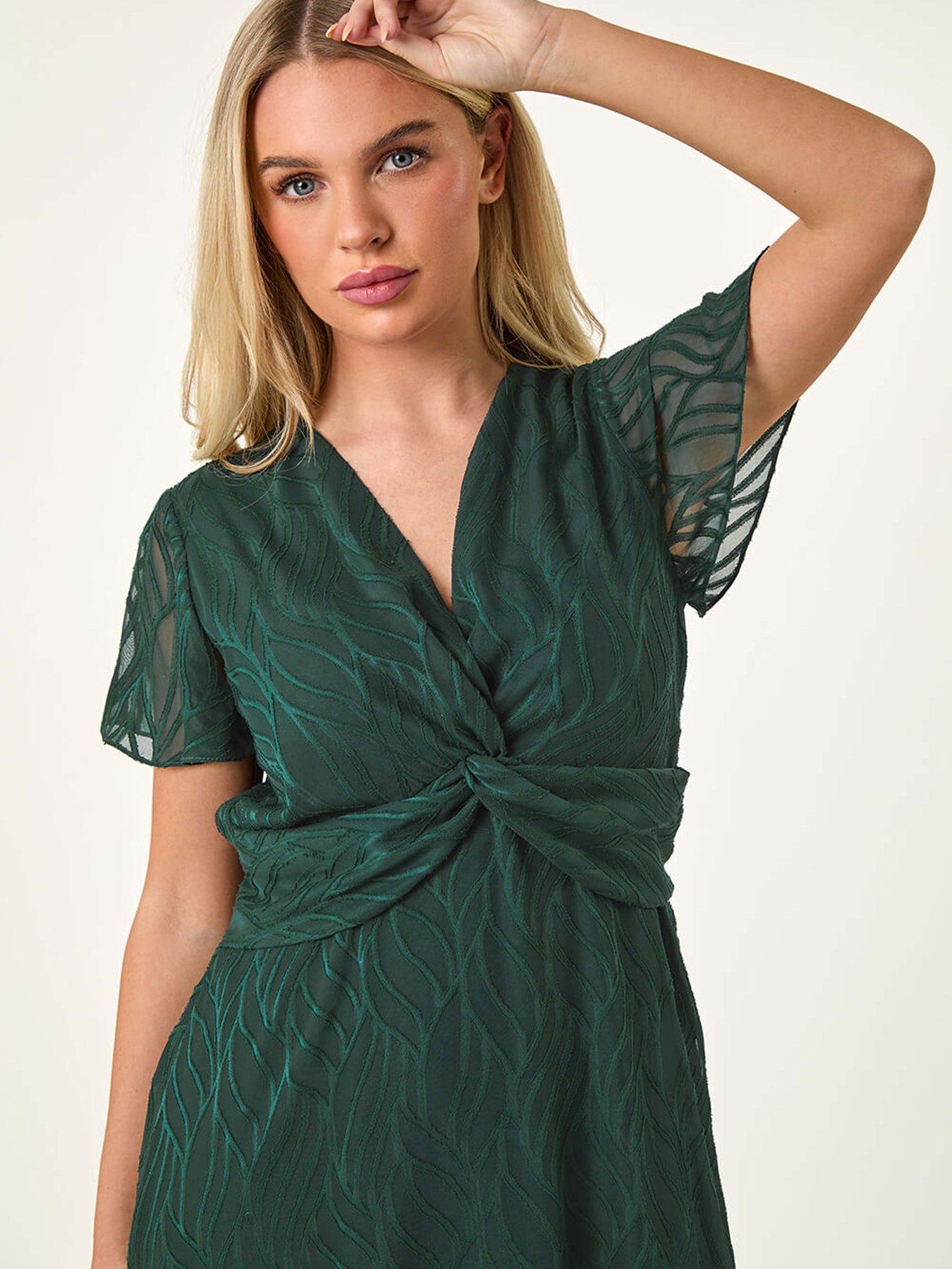 Image 4 of 5 of Roman Petite Front Twist Jacquard Dress - Green