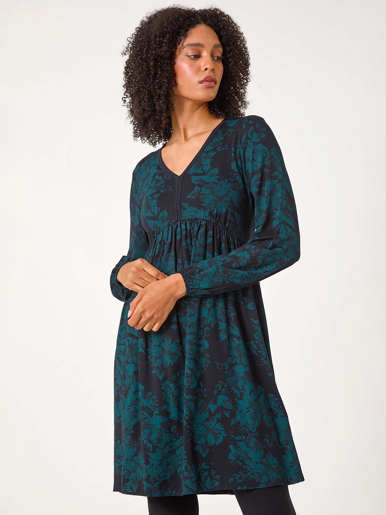 Roman Floral Contrast Trim Stretch Dress - Dark Green