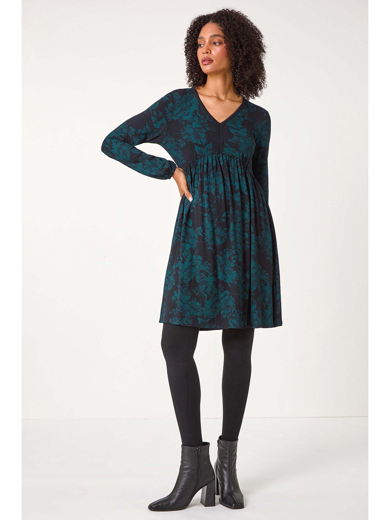  image of roman-floral-contrast-trim-stretch-dress-dark-green