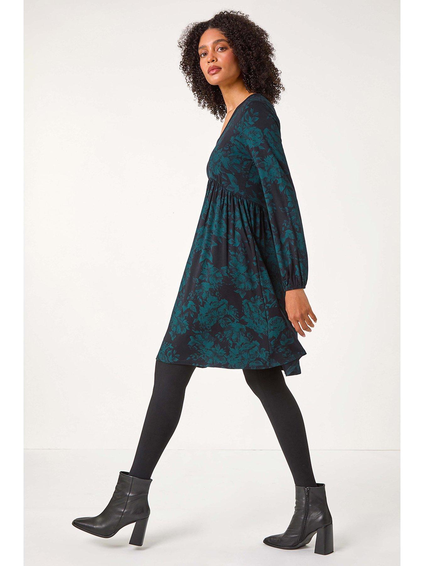  image of roman-floral-contrast-trim-stretch-dress-dark-green