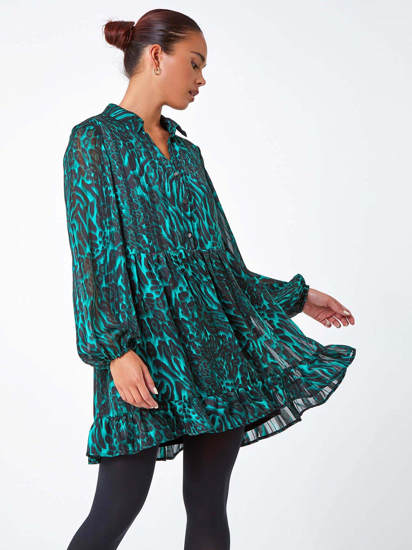 Image 1 of 5 of Roman Petite Animal Print Frill Hem Dress - Green