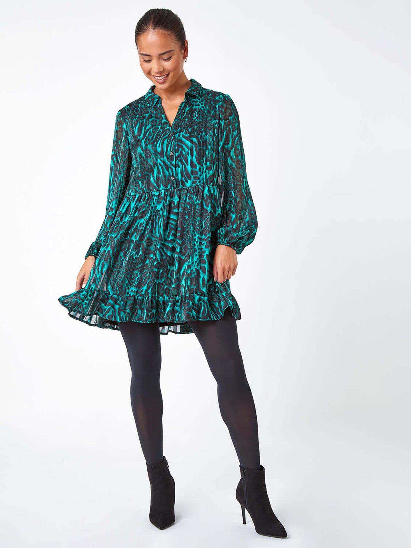 Image 3 of 5 of Roman Petite Animal Print Frill Hem Dress - Green