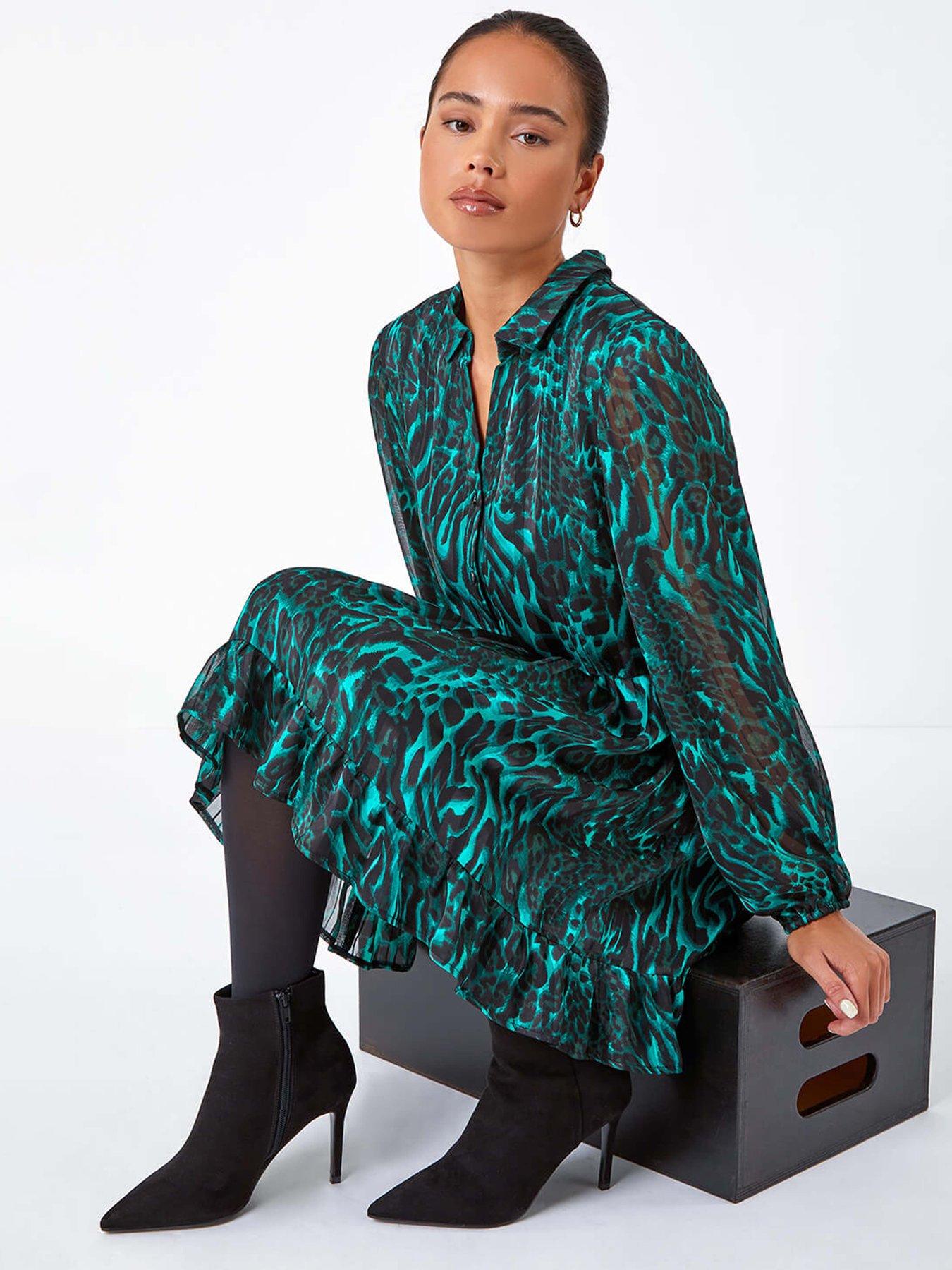 Image 4 of 5 of Roman Petite Animal Print Frill Hem Dress - Green