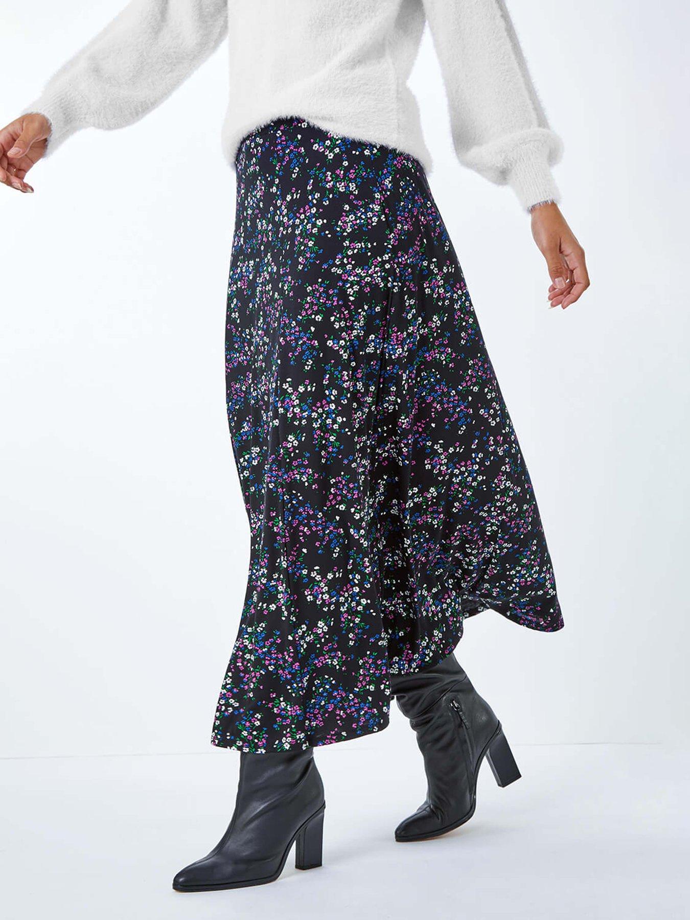 undefined Ditsy Floral Stretch Elastic Waist Midi Skirt - Black