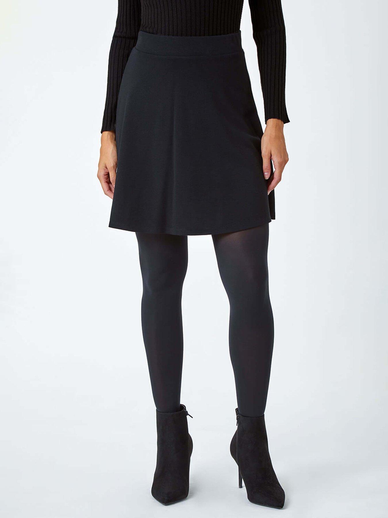 undefined Elastic Waist Stretch A Line Skater Skirt - Black