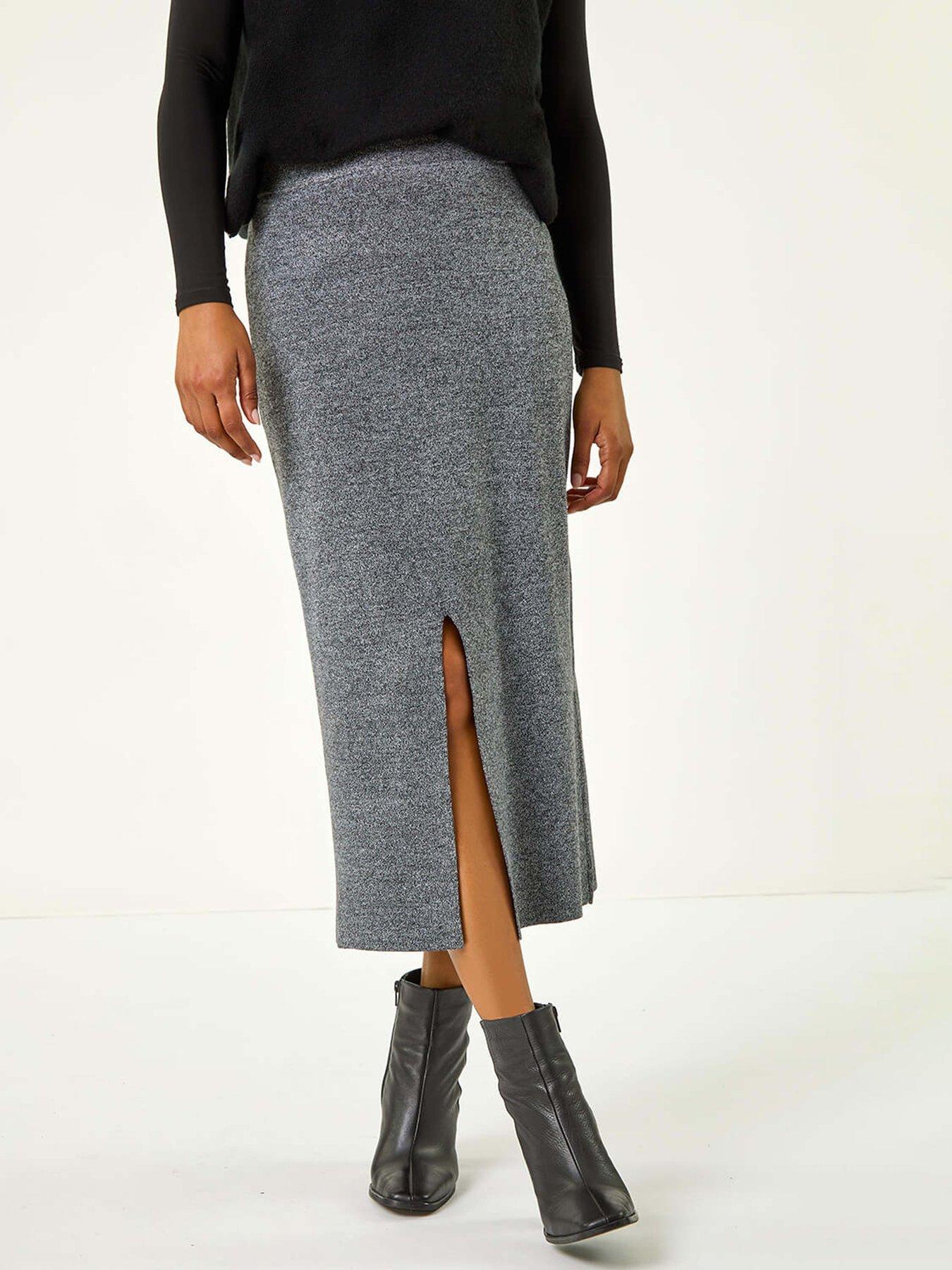Roman Front Split Knitted Midi Skirt - Grey