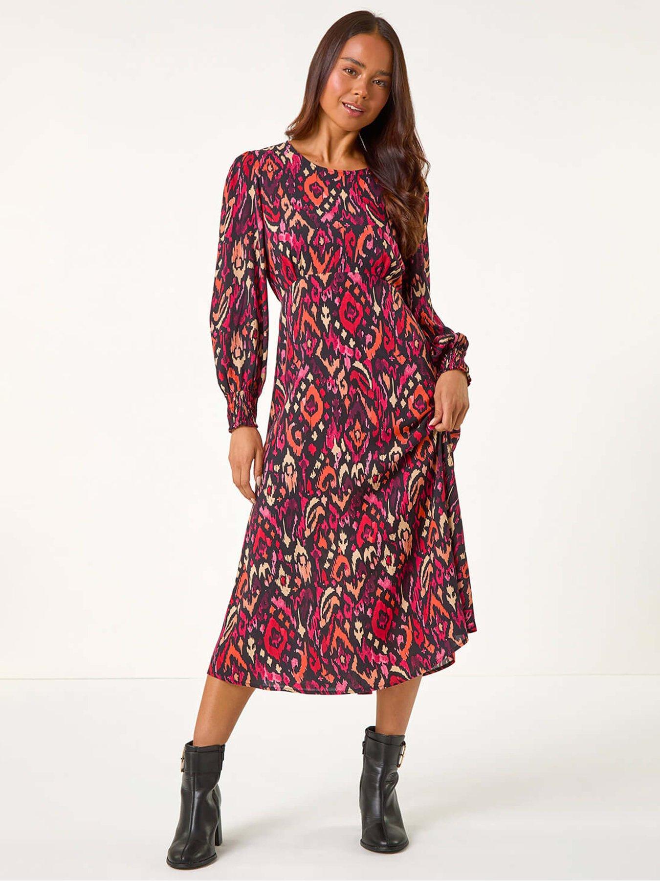 undefined Petite Abstract Print Shirred Cuff Midi Dress - Wine