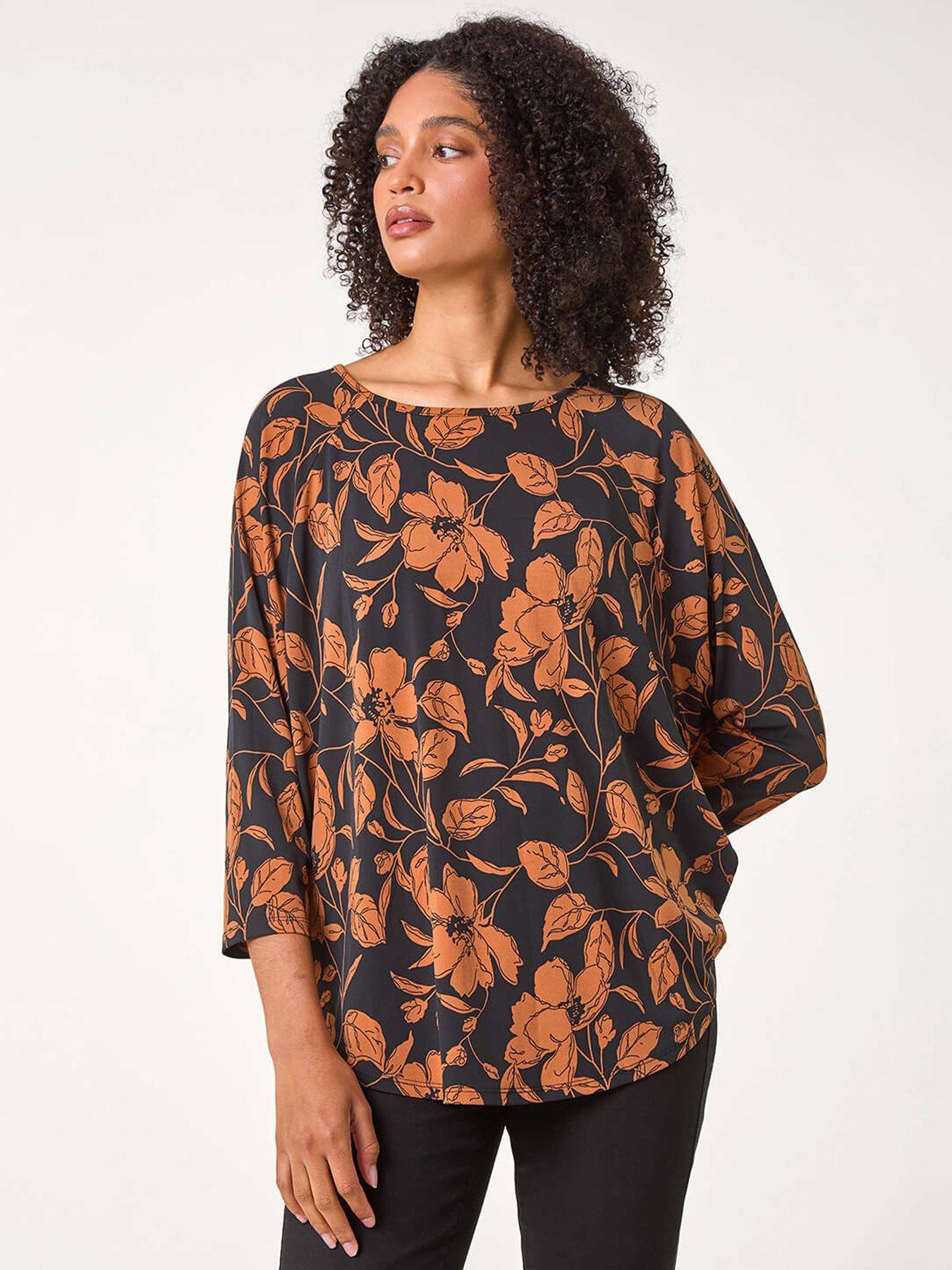 undefined Leaf Print Raglan Sleeve Stretch Top - Tan