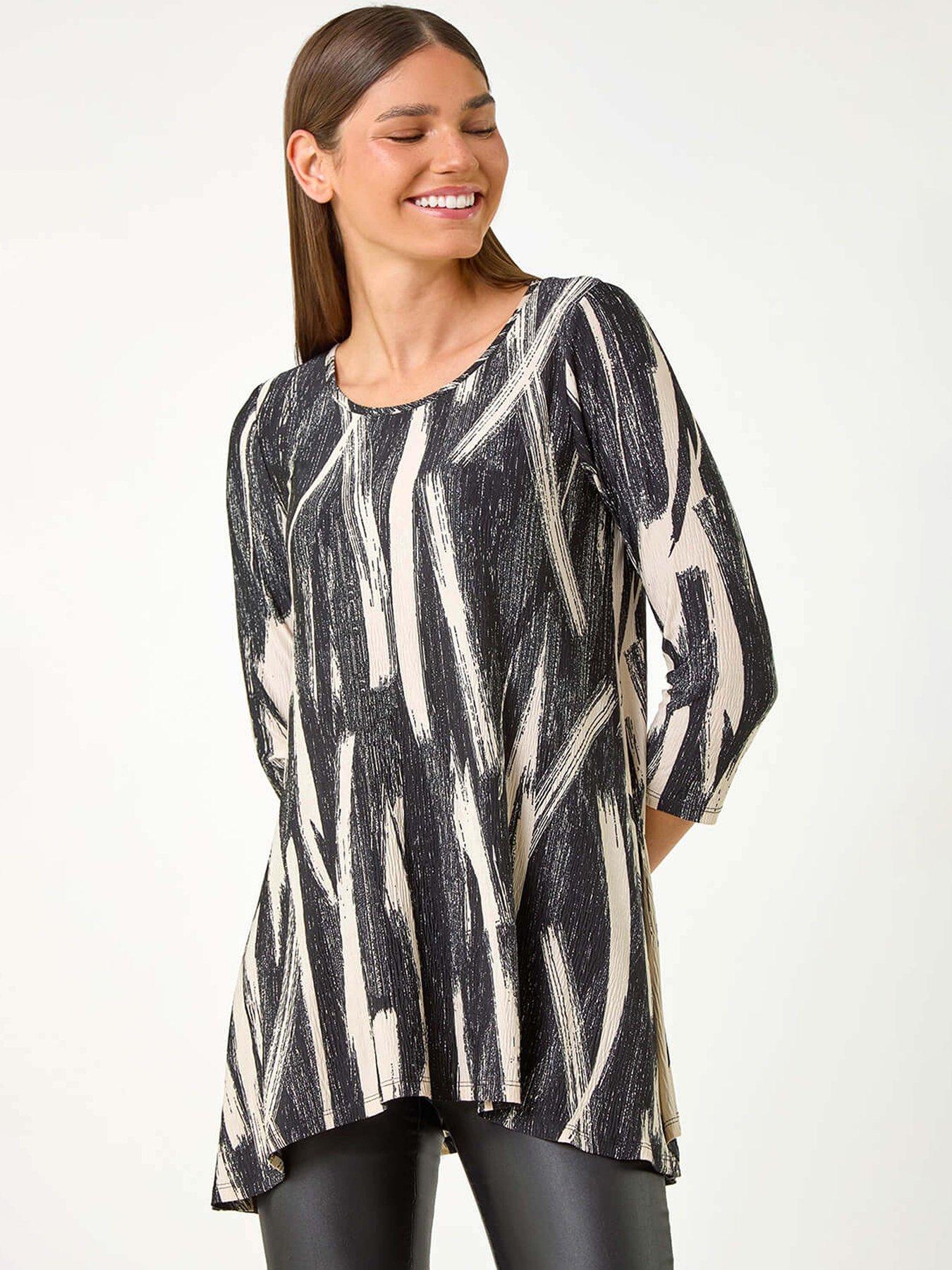 Image 1 of 5 of Roman Brush Print Hanky Hem Stretch Tunic Top - Beige