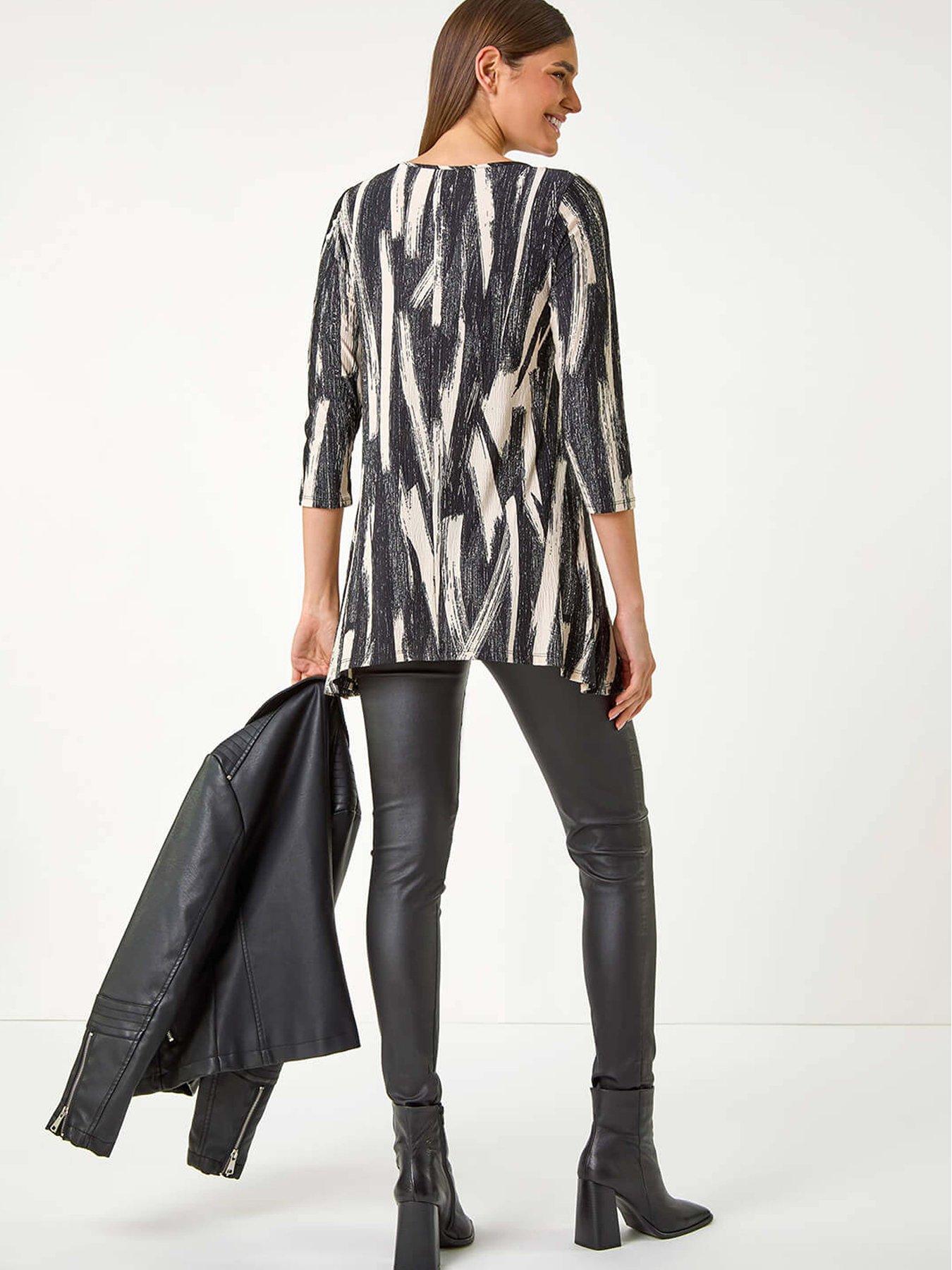 Image 2 of 5 of Roman Brush Print Hanky Hem Stretch Tunic Top - Beige