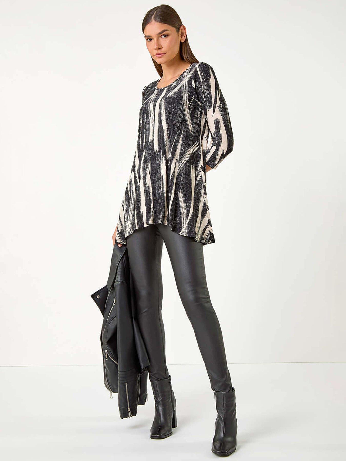 Image 3 of 5 of Roman Brush Print Hanky Hem Stretch Tunic Top - Beige