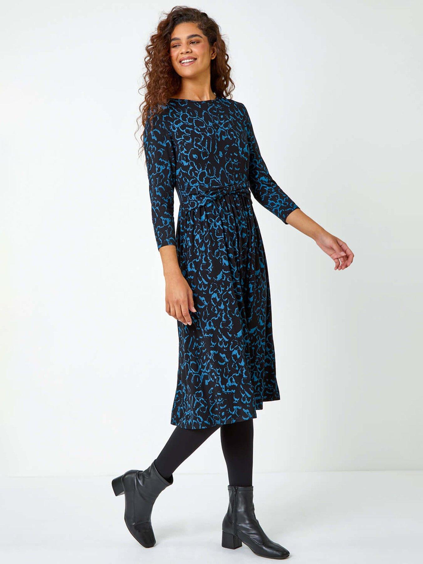 Roman Twist Waist Animal Print Stretch Dress - Blue