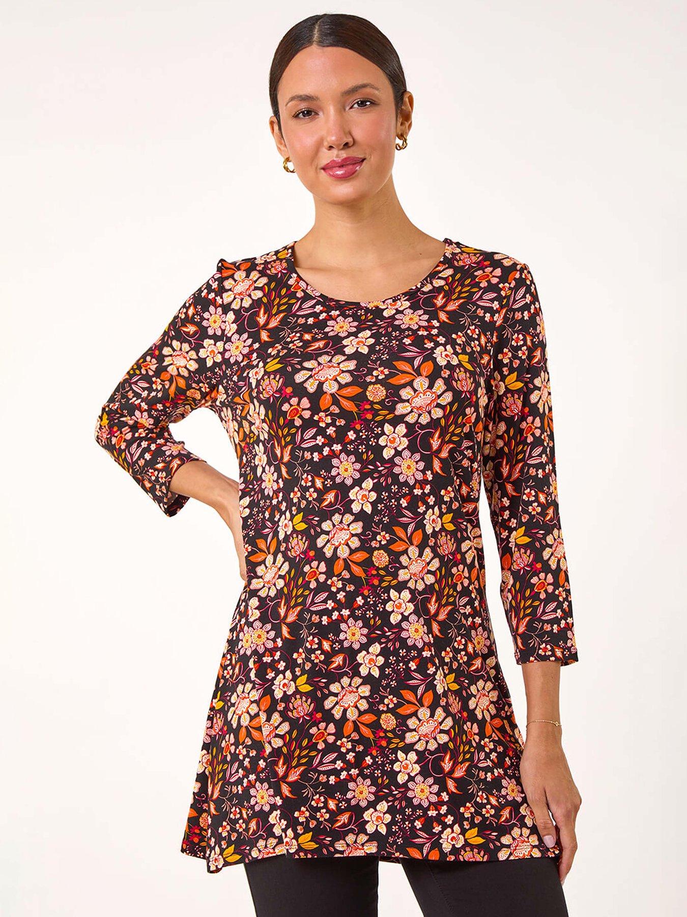 Roman Floral Print Jersey Tunic Top - Orange