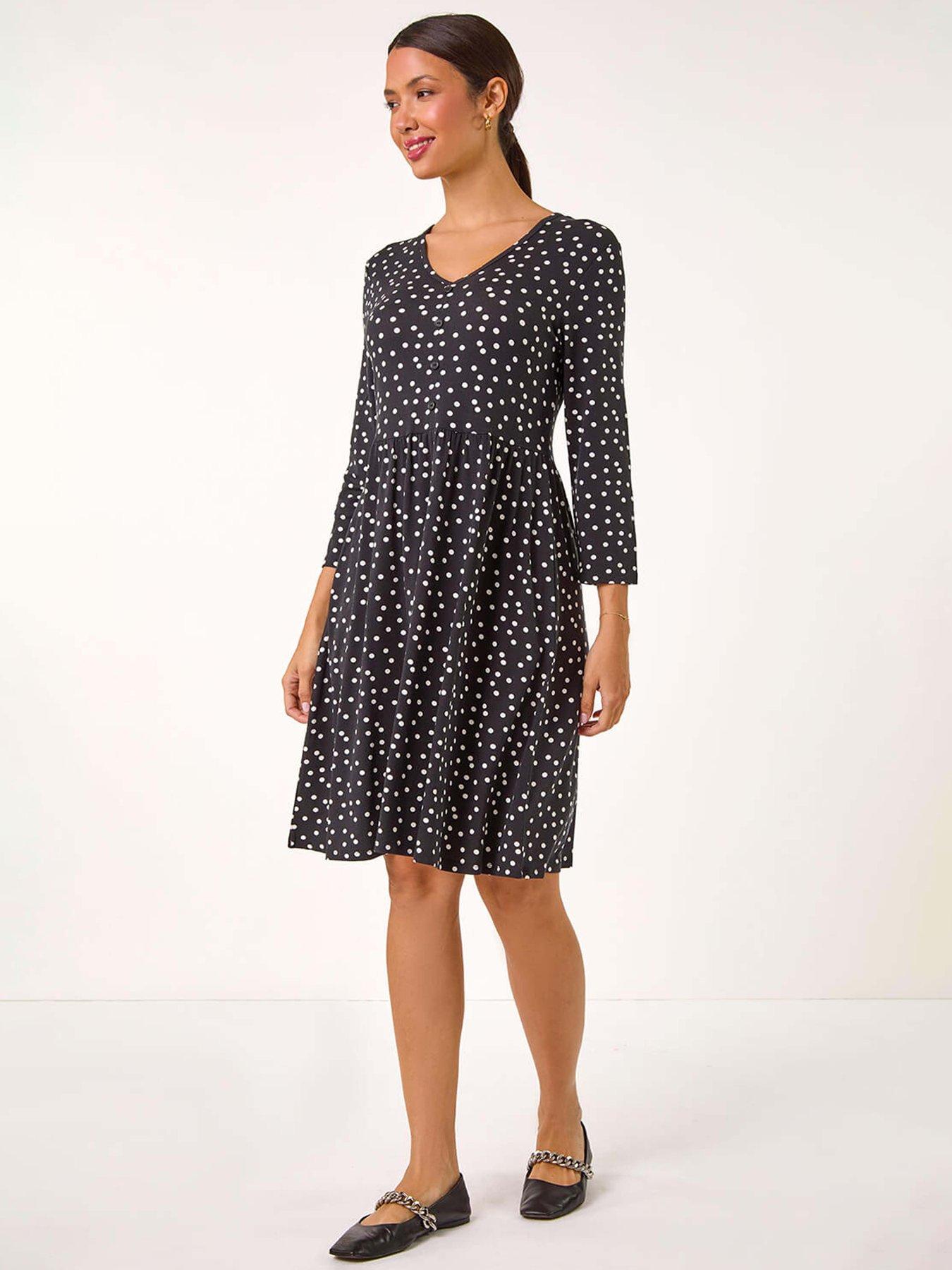 Roman Spot Print Button Detail V-neck Dress - Black