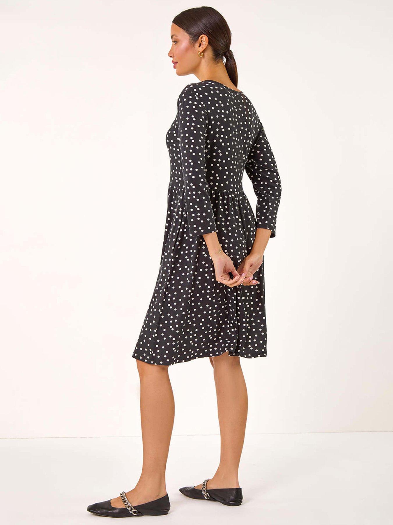  image of roman-spot-print-button-detail-v-neck-dress-black