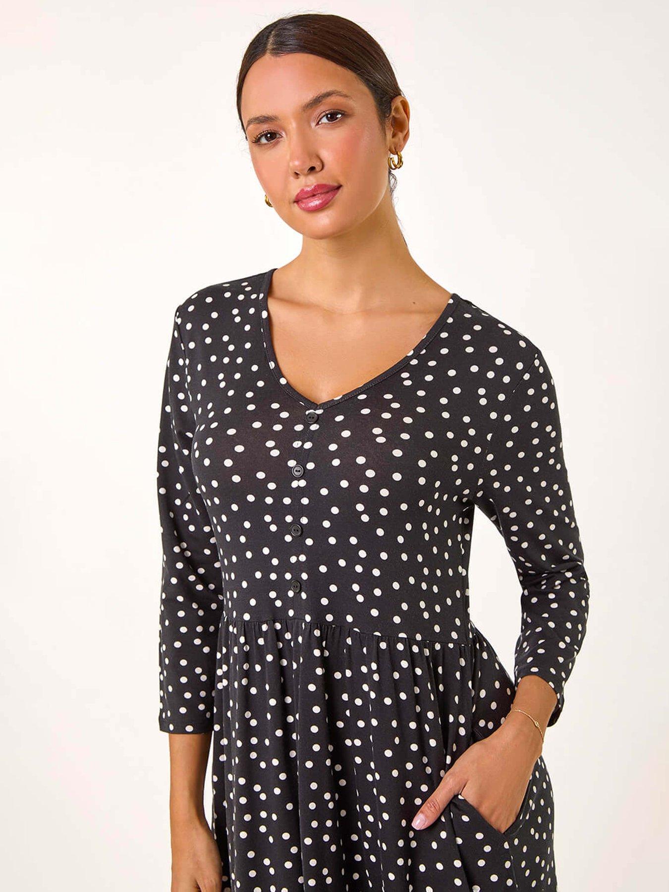  image of roman-spot-print-button-detail-v-neck-dress-black