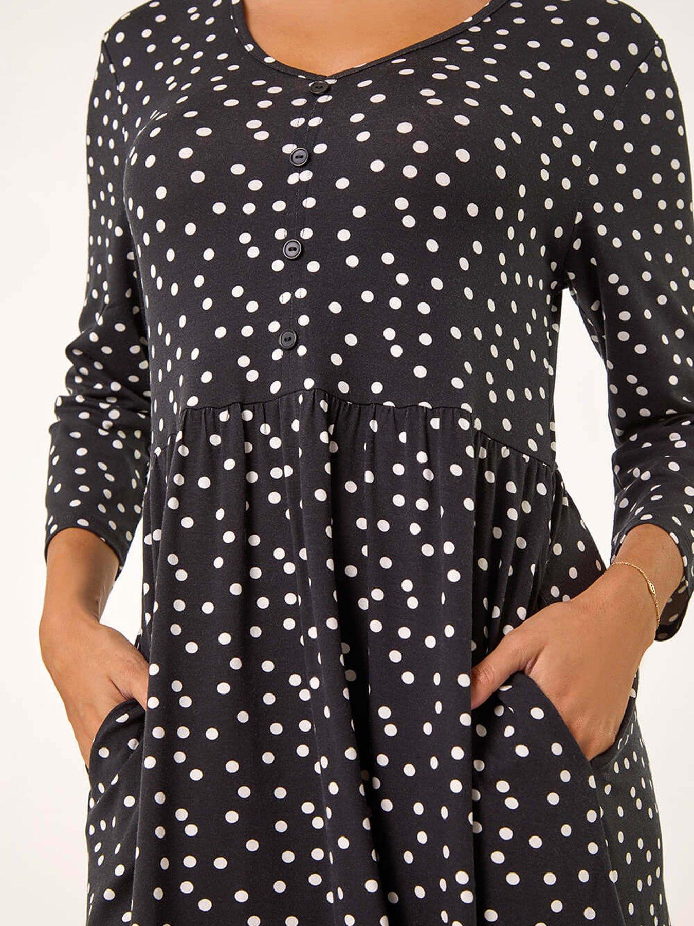  image of roman-spot-print-button-detail-v-neck-dress-black