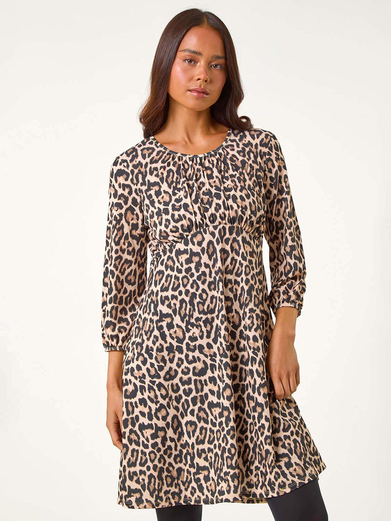 Image 1 of 6 of Roman Petite Animal Print Gathered Waist Dress - Camel