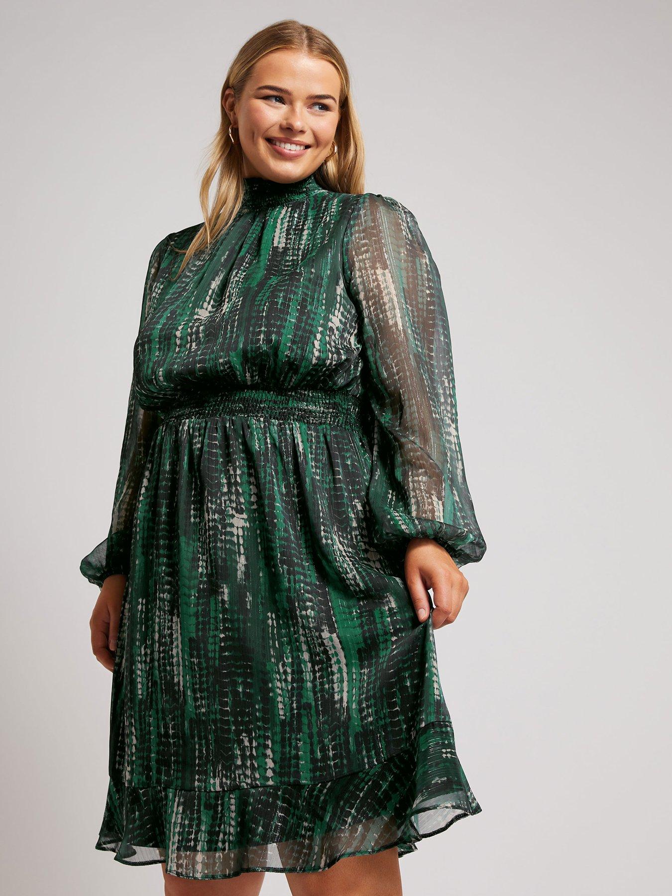  image of yours-curve-abstract-shirred-waist-collar-dress-green
