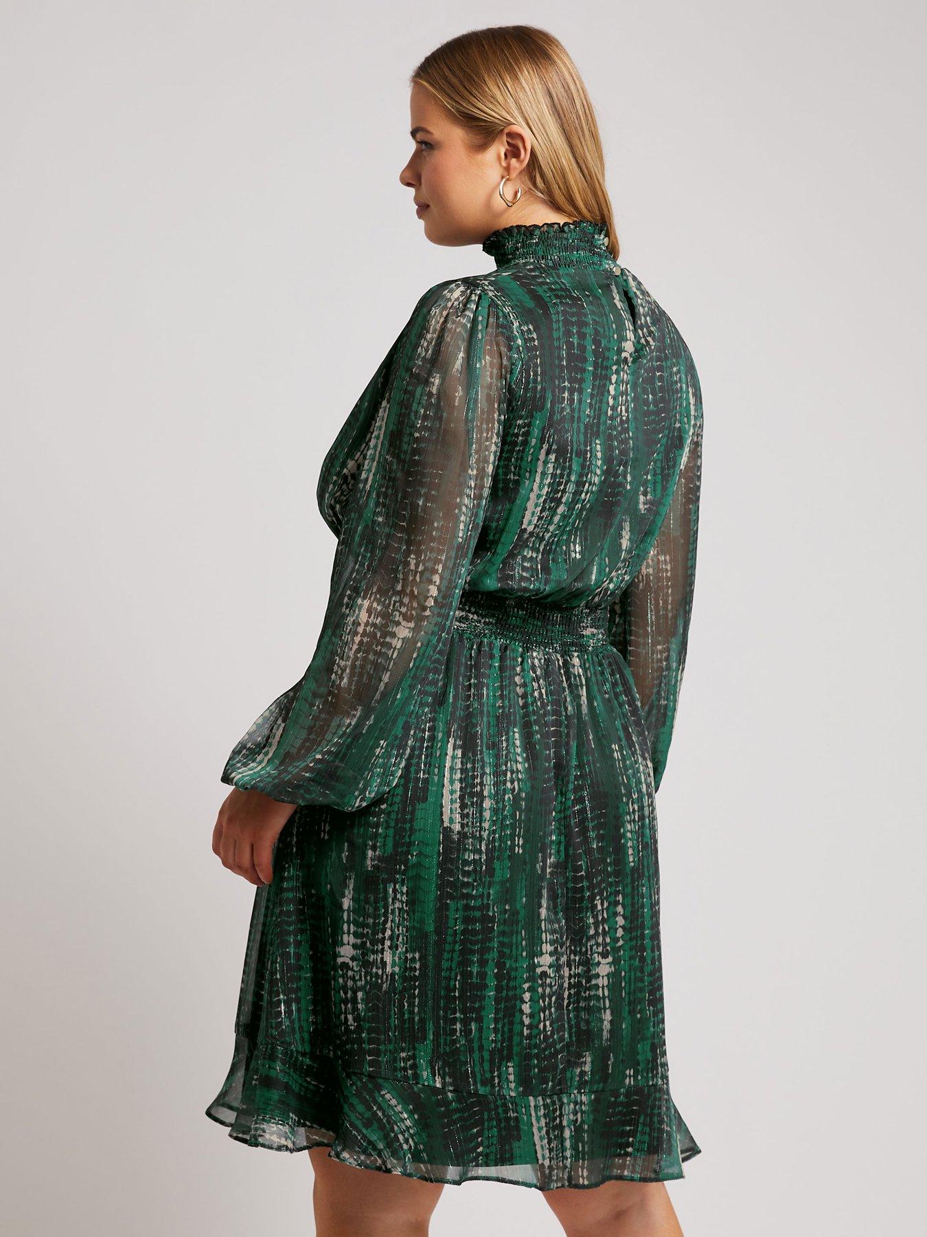  image of yours-curve-abstract-shirred-waist-collar-dress-green