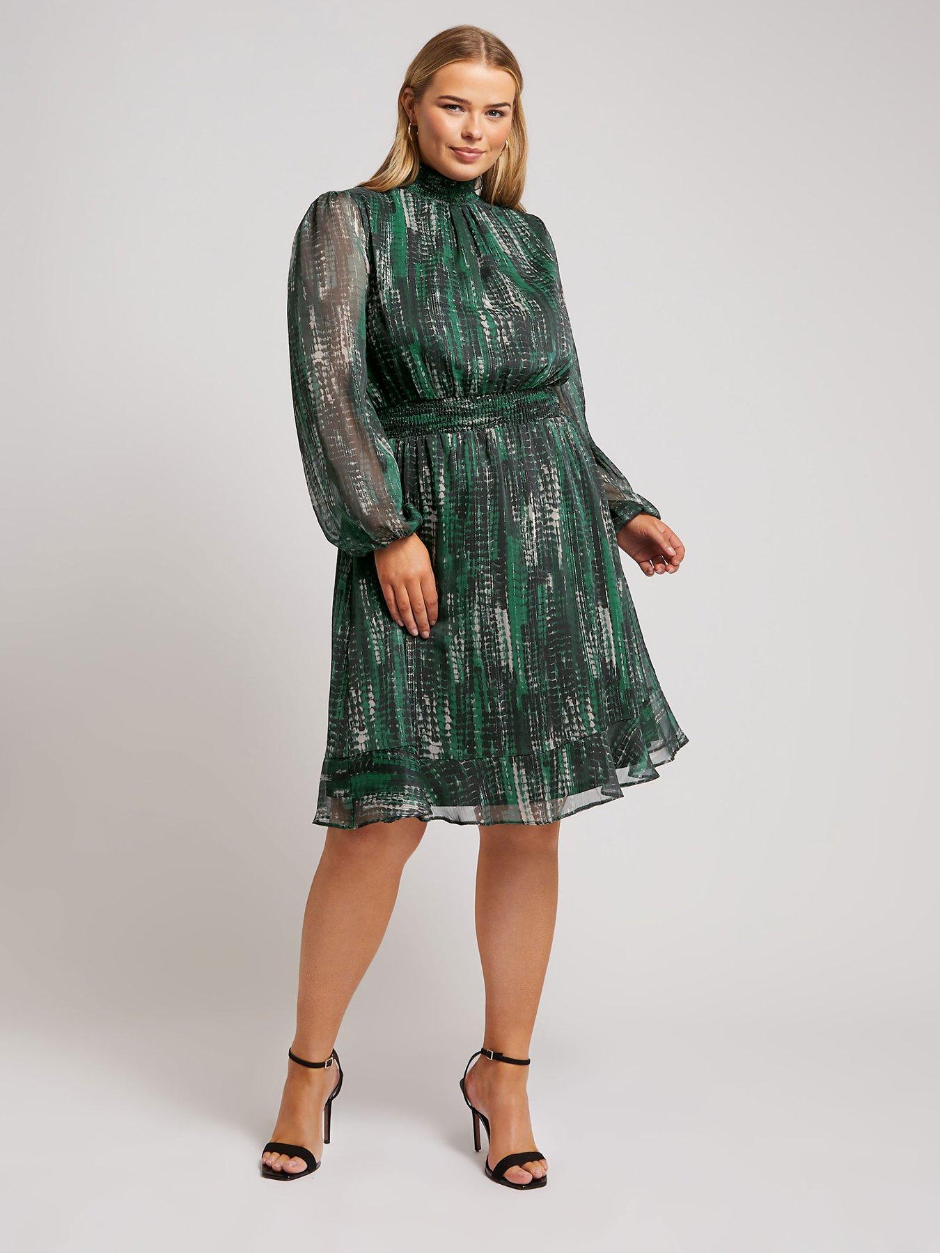  image of yours-curve-abstract-shirred-waist-collar-dress-green