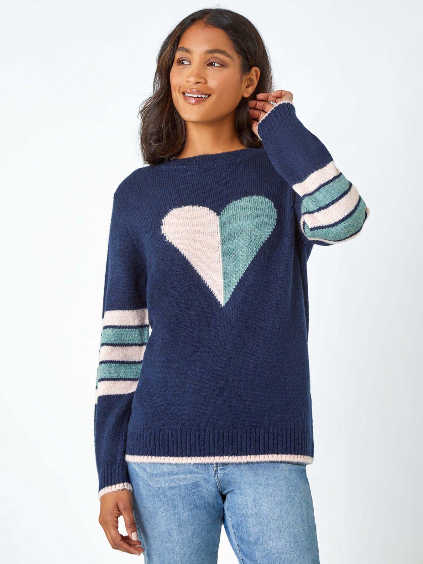 Image 1 of 5 of Roman Heart Print Stripe Sleeve Jumper - Midnight Blue