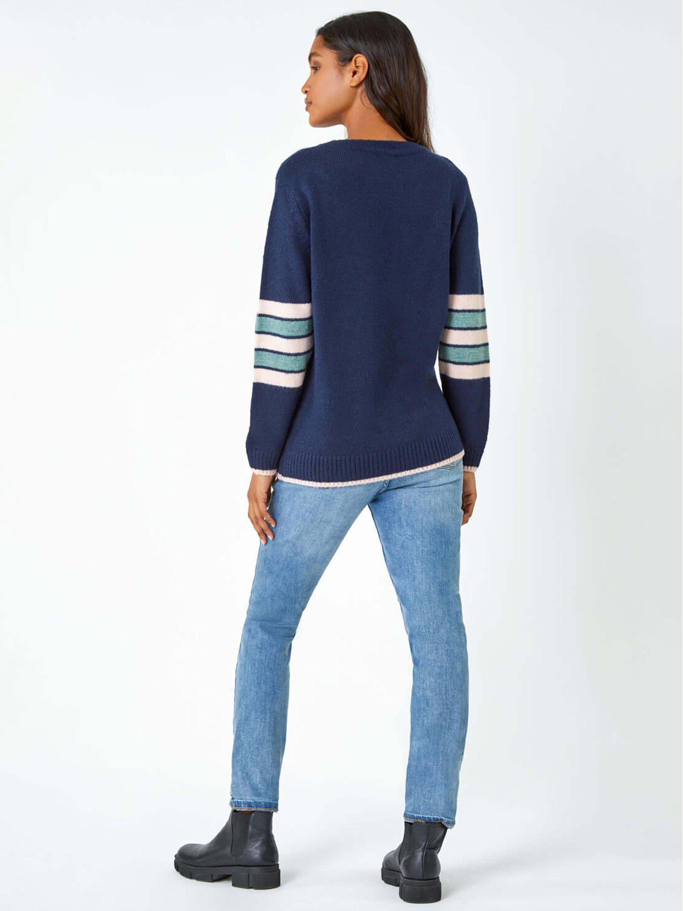 Image 2 of 5 of Roman Heart Print Stripe Sleeve Jumper - Midnight Blue