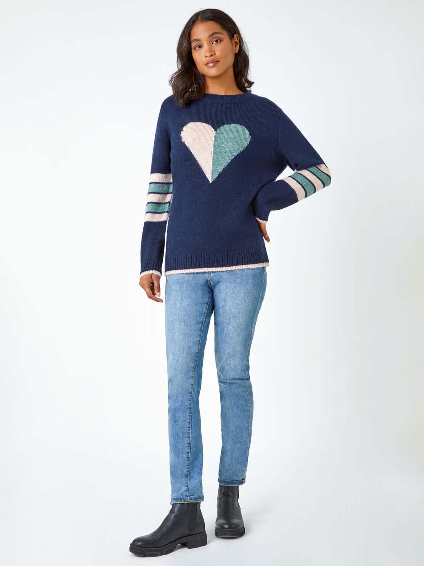 Image 3 of 5 of Roman Heart Print Stripe Sleeve Jumper - Midnight Blue
