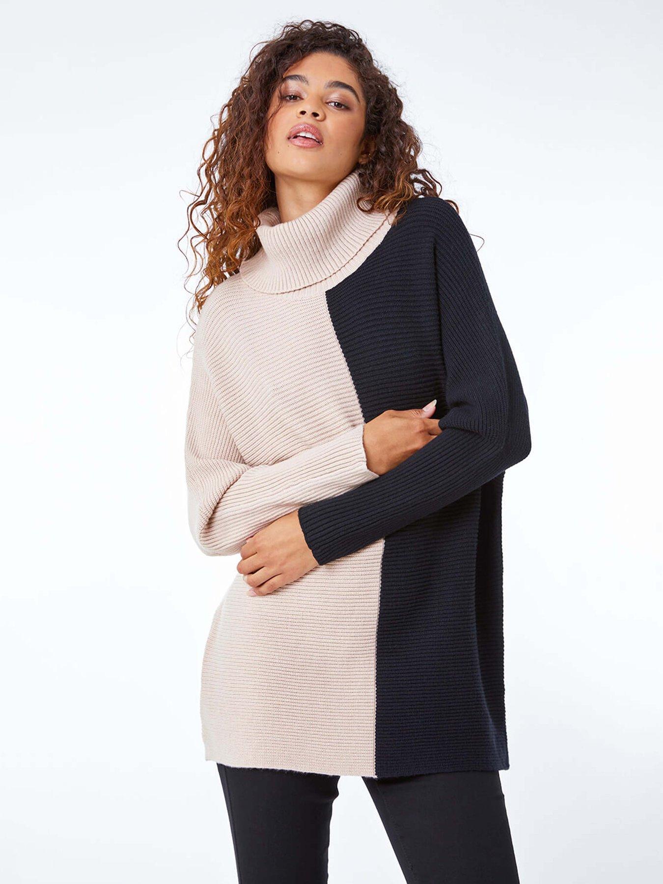 Roman Colour Block Longline Roll Neck Jumper - Natural