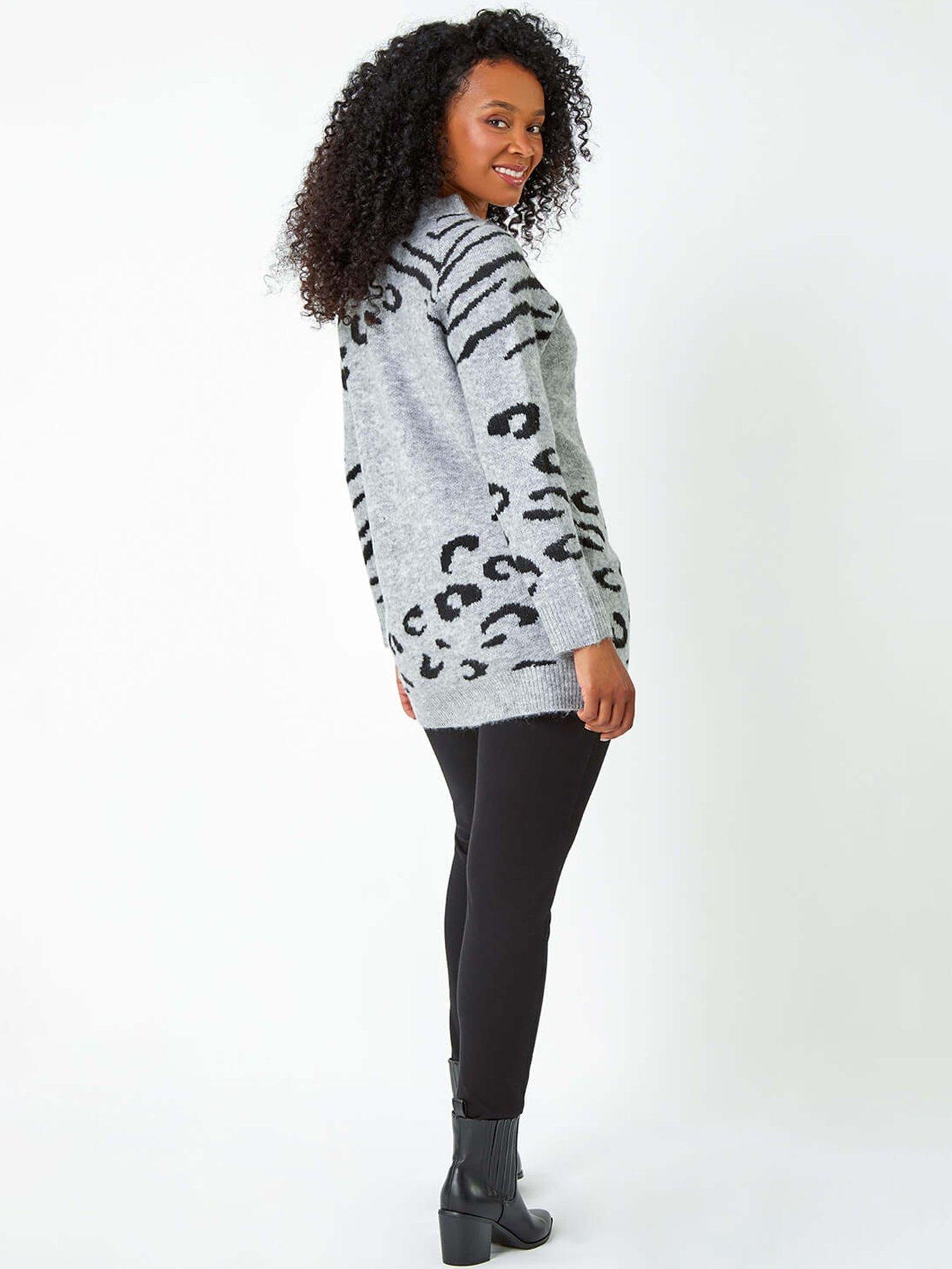  image of roman-petite-animal-print-longline-stretch-jumper-grey