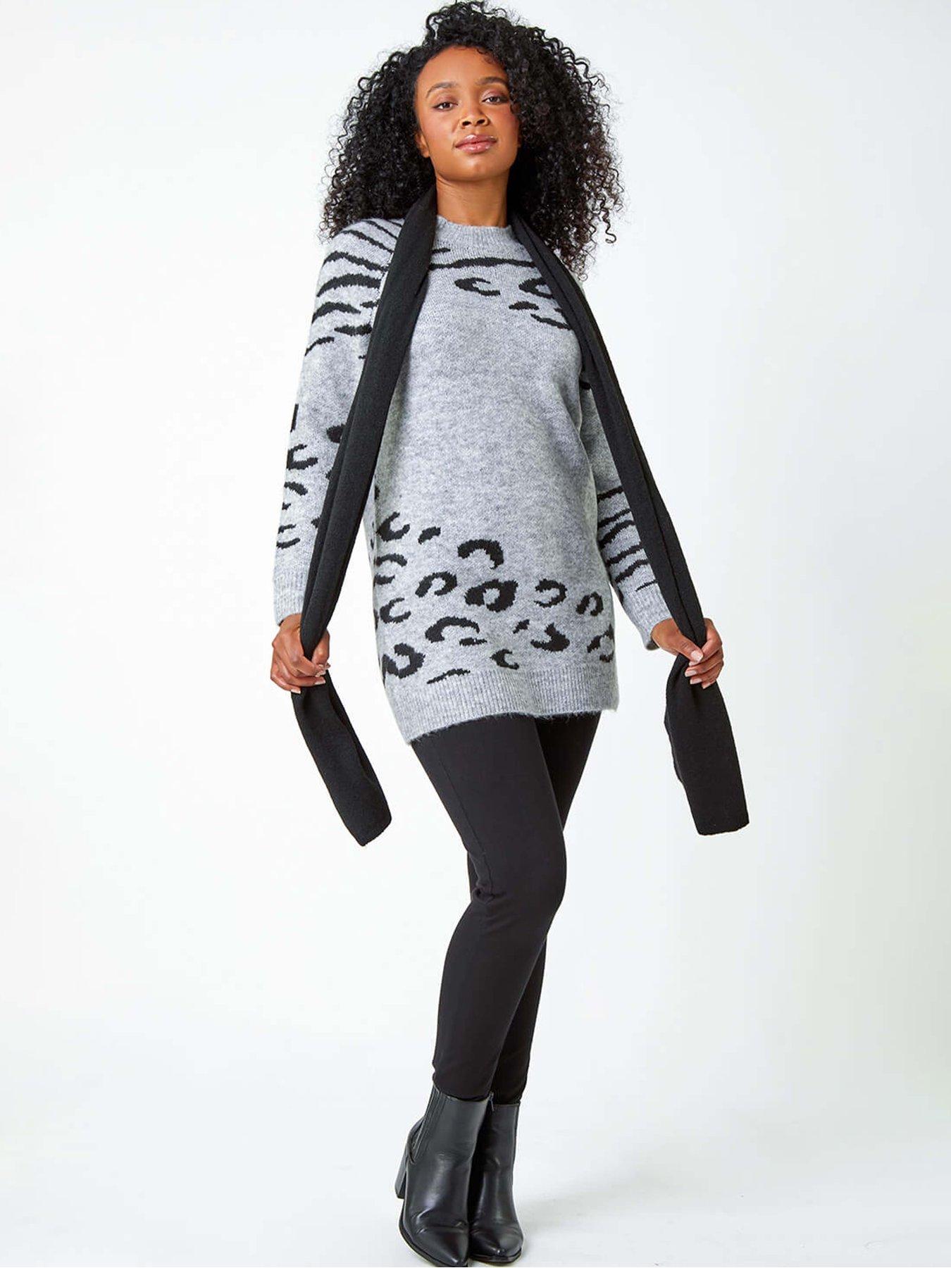  image of roman-petite-animal-print-longline-stretch-jumper-grey