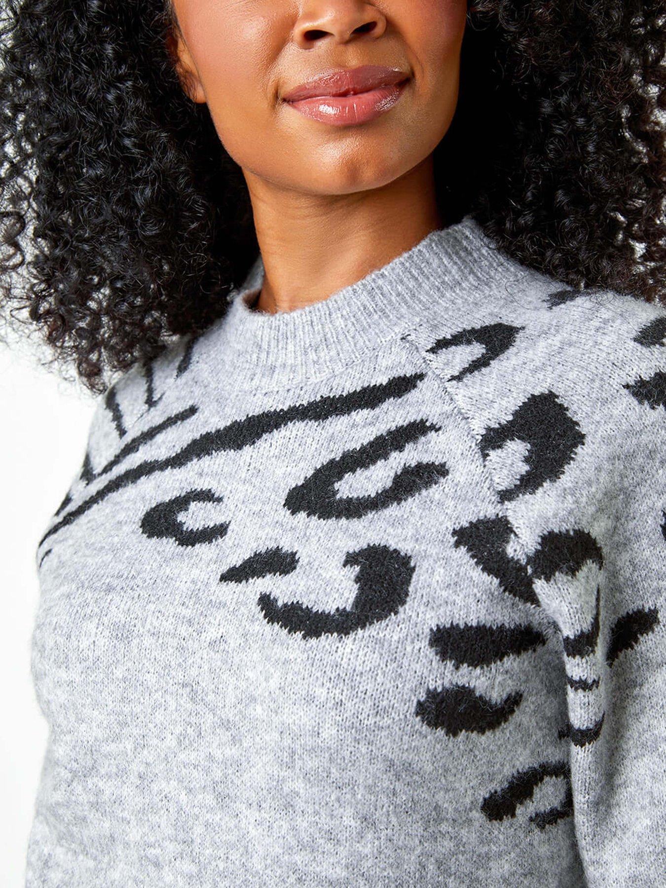  image of roman-petite-animal-print-longline-stretch-jumper-grey